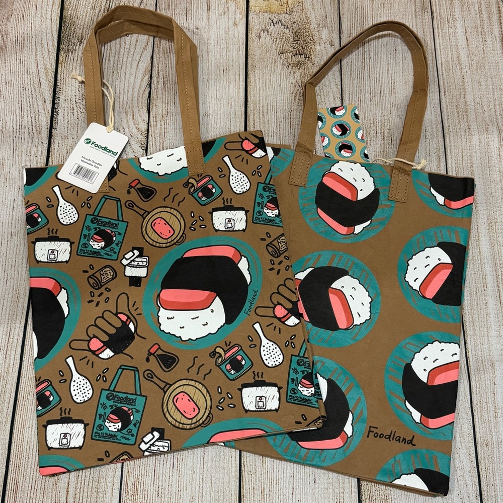 Set of 2 Foodland Hawaii Spam Musubi & Musubi Doodles Washable Tote Bags